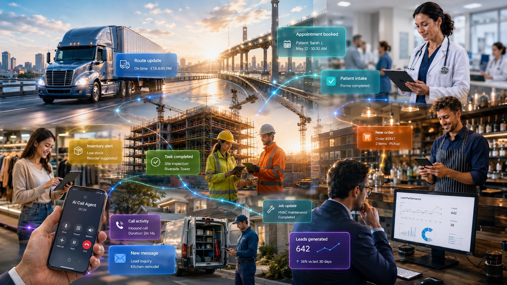 AI automation workflows connecting logistics, healthcare, construction, retail, and field service businesses — built and managed by Omni Online Strategies