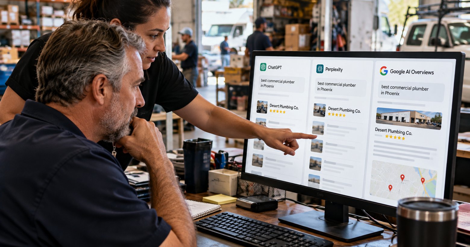 A team checking their business against ChatGPT, Perplexity, and Google AI Overviews results for best commercial plumber in Phoenix