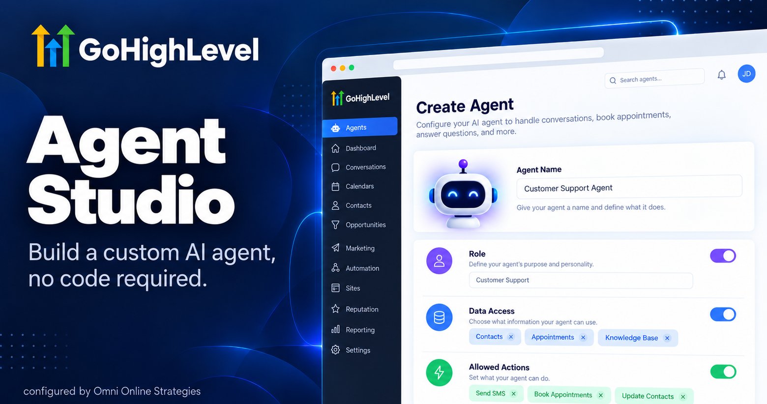 GoHighLevel Agent Studio configuration screen showing agent role, data access, and allowed actions