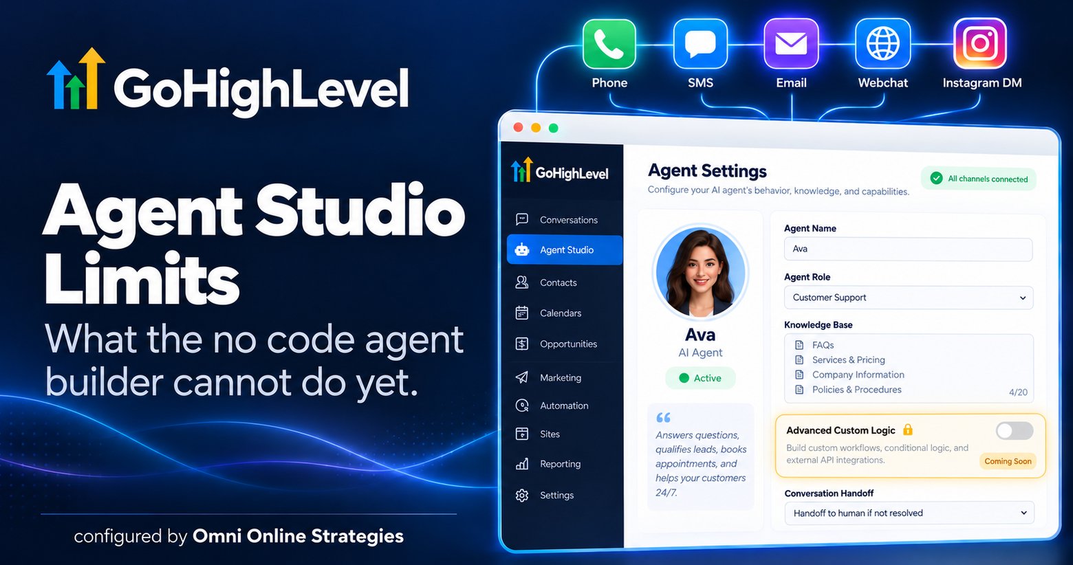 GoHighLevel Agent Studio settings panel showing an Advanced Custom Logic toggle marked Coming Soon and locked