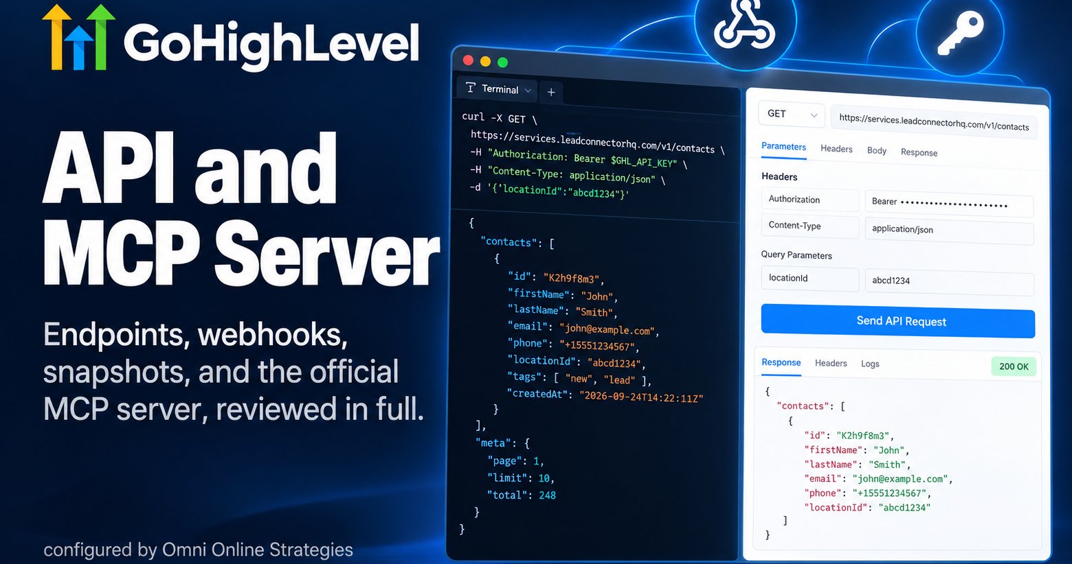 GoHighLevel API and MCP server architecture connecting an AI agent to contacts, calendars, opportunities, and workflows