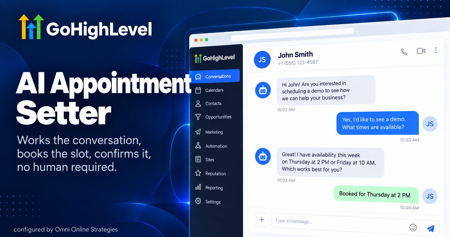 GoHighLevel AI Appointment Setter SMS conversation booking a Thursday 2 PM appointment