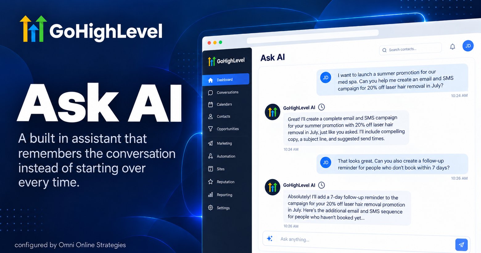 GoHighLevel Ask AI conversation referencing an earlier message from the same session