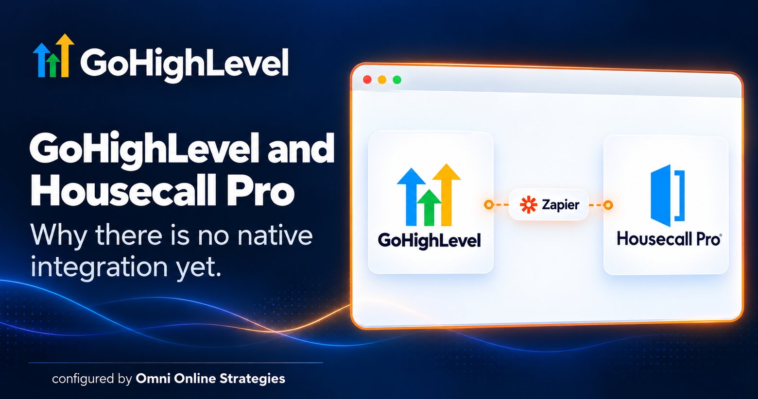 GoHighLevel and Housecall Pro connected only through a Zapier link, with no native integration between the two platforms