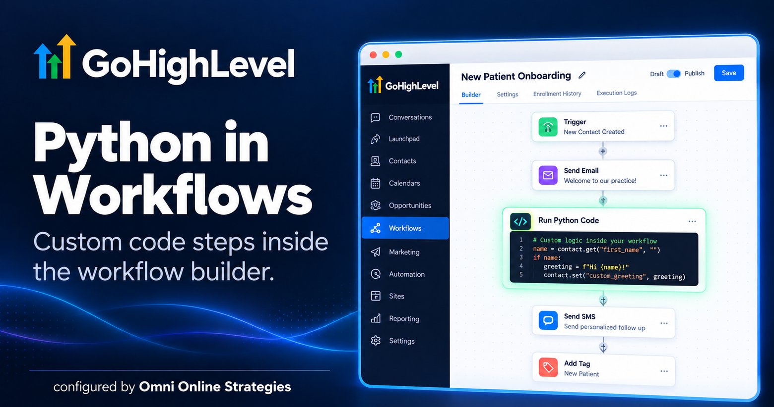 GoHighLevel workflow builder showing a Run Python Code step with custom logic between a Send Email action and a Send SMS action