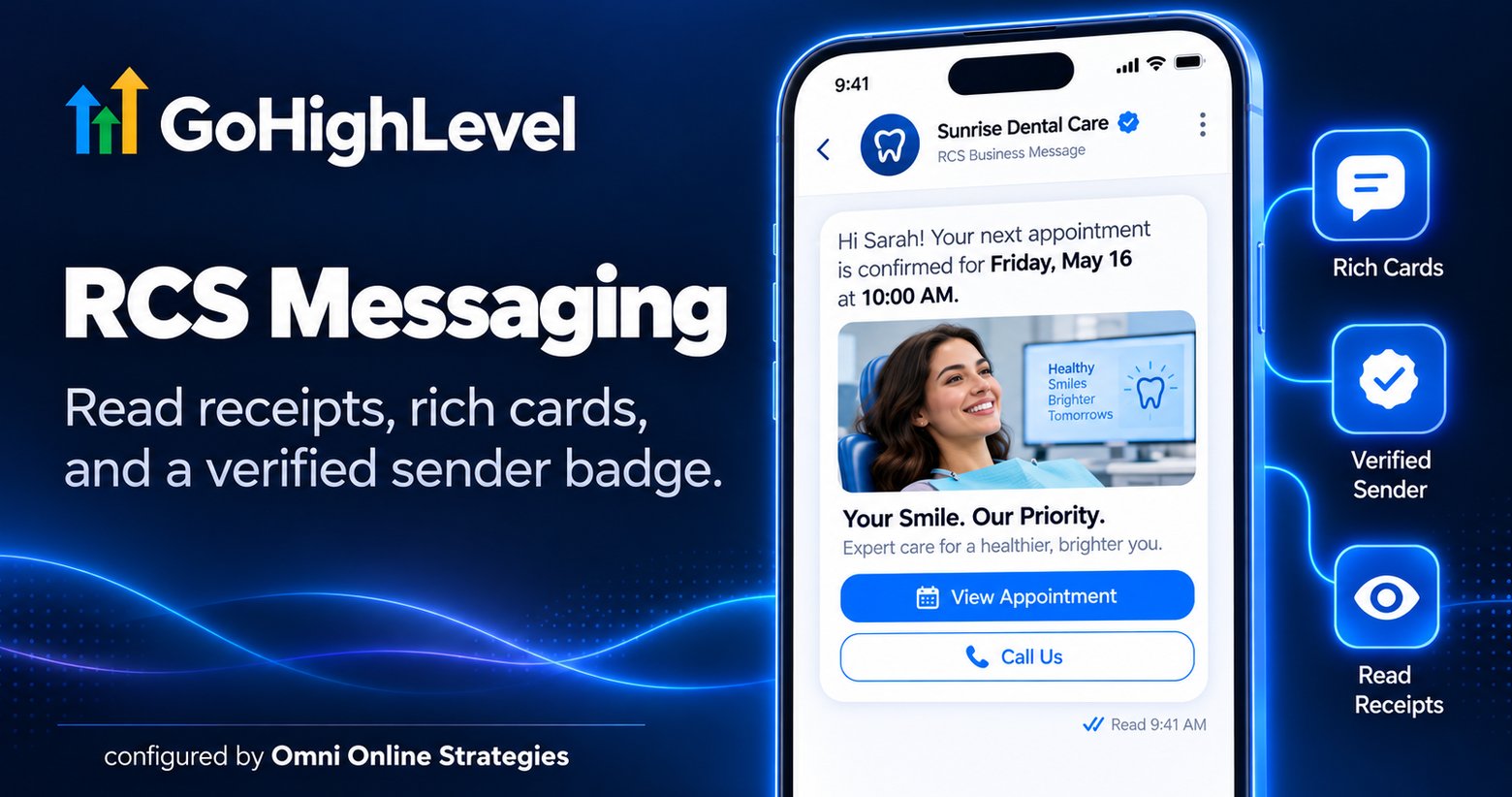 GoHighLevel RCS business message showing a rich card with an image, tappable buttons, a verified sender badge, and a read receipt
