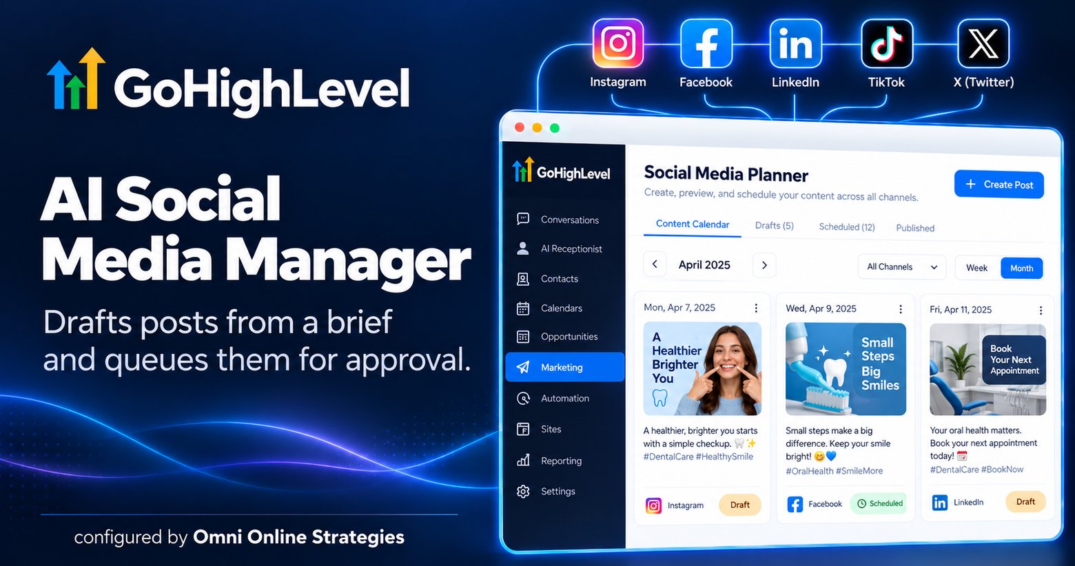 GoHighLevel AI Social Media Manager content calendar showing drafted and scheduled posts across Instagram, Facebook, and LinkedIn