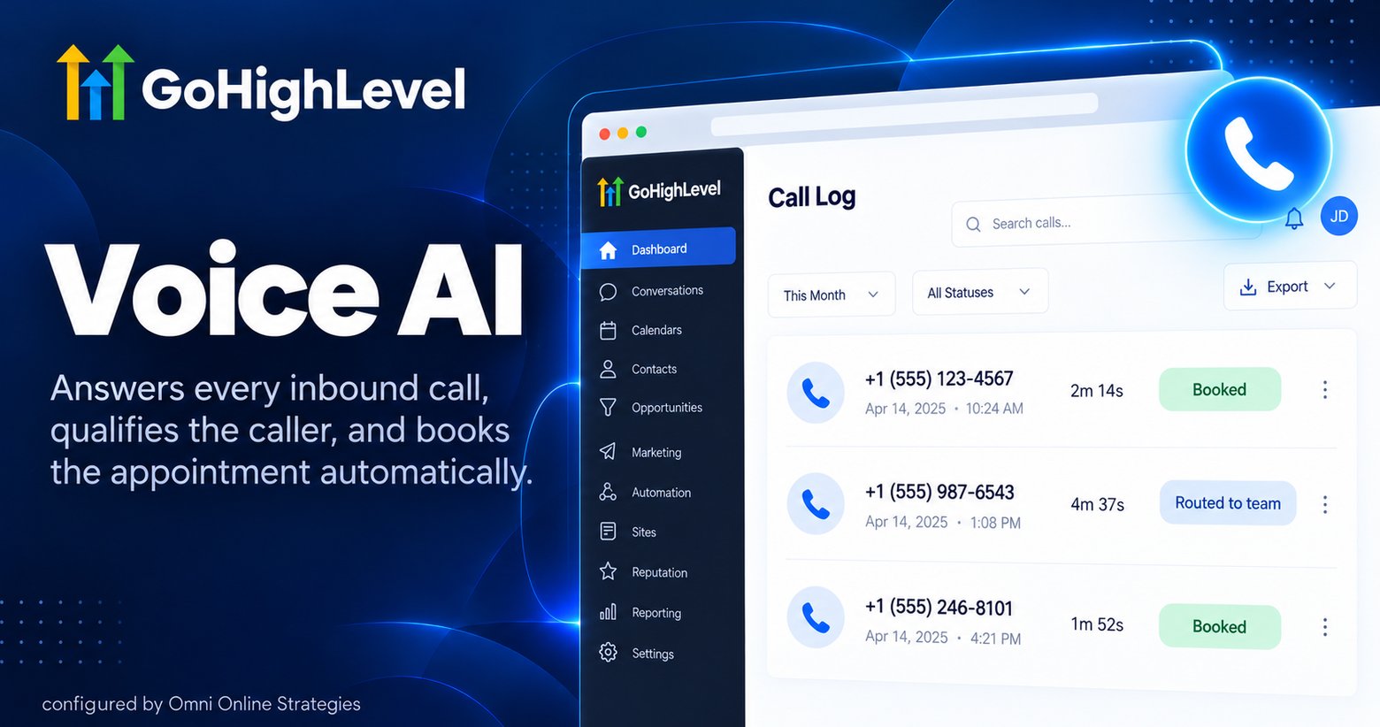 GoHighLevel Voice AI call log showing answered calls with booked and routed to team statuses