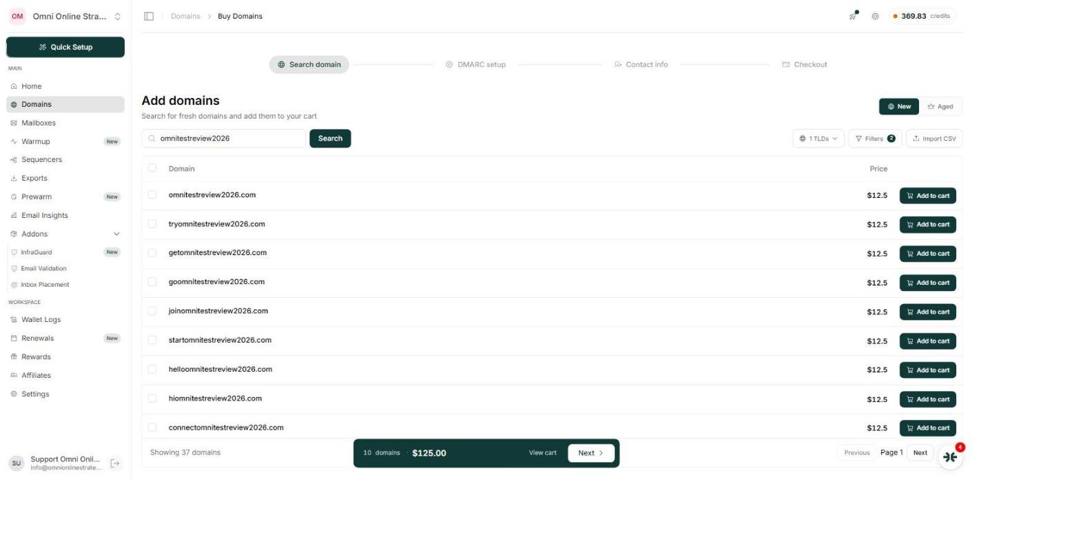 InboxKit domain search results showing a flat price of dollar 12.50 per dot com domain