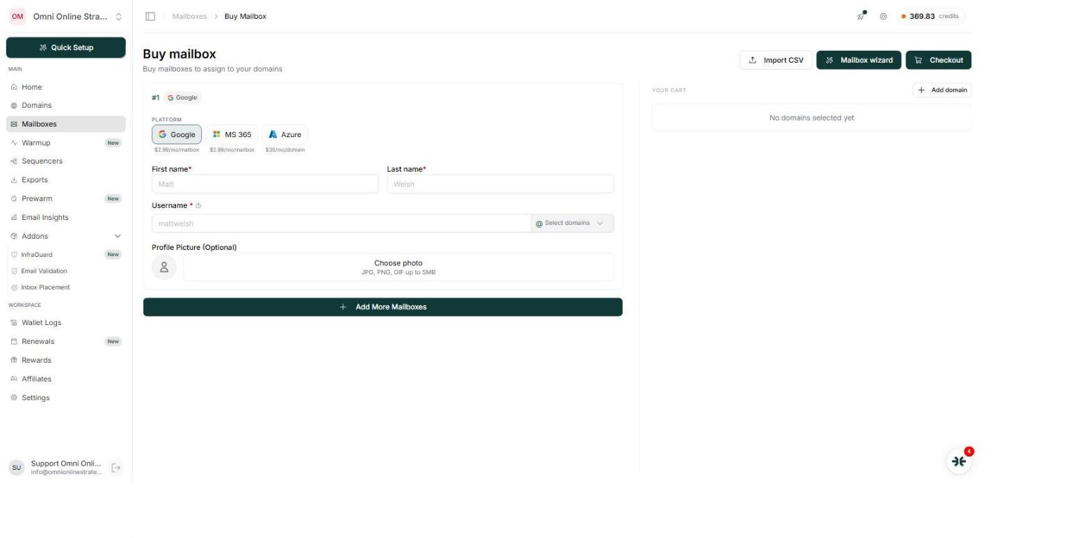 The InboxKit Buy Mailbox screen with platform selection, sender name fields, and a cart panel reading No domains selected yet with an Add domain option
