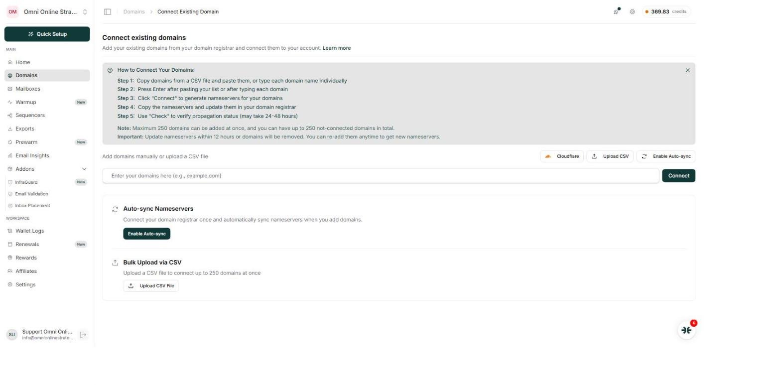 The InboxKit Connect Existing Domains screen listing the five steps to connect a domain, and an option to enable auto sync nameservers