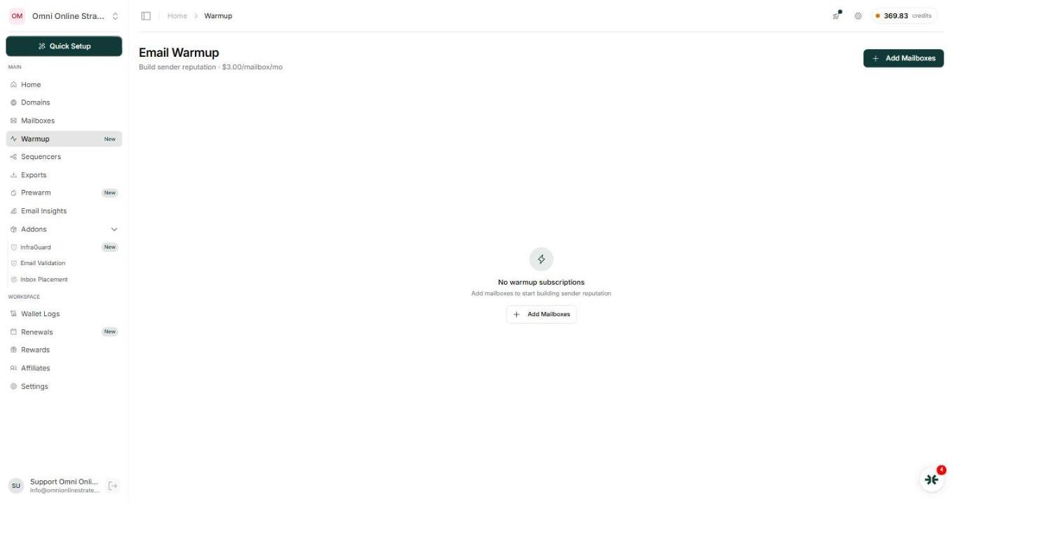 The InboxKit Email Warmup page showing a flat rate of dollar 3.00 per mailbox per month with no active warmup subscriptions