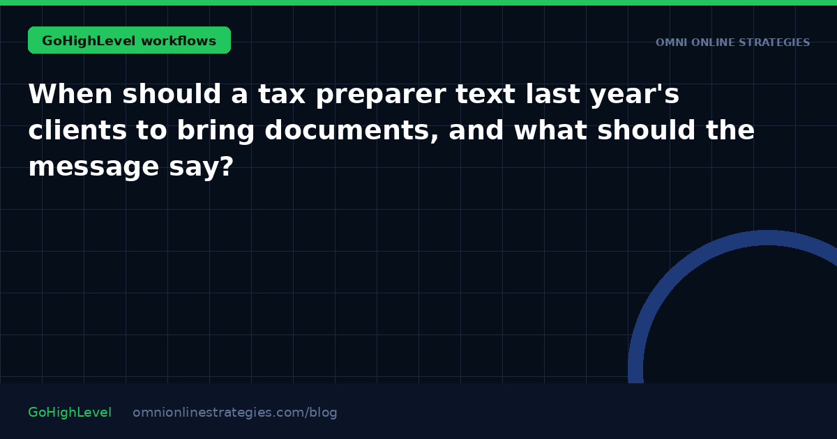 When should a tax preparer text last year's clients to bring documents, and what should the message say?