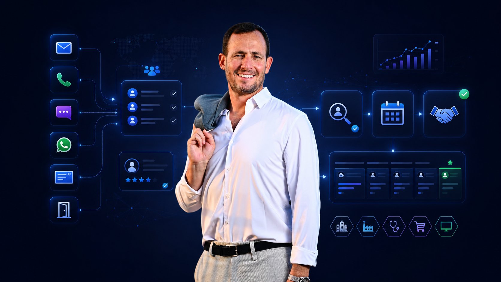 B2B sales professional with automated multi-channel outreach workflow — email, SMS, WhatsApp, calls, CRM qualification, appointment booking, and deal closing — built by Omni Online Strategies