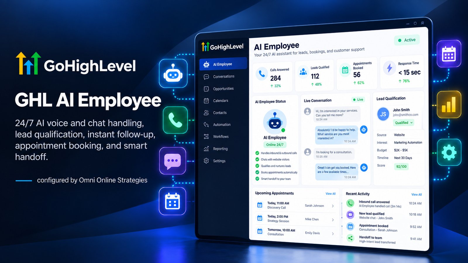 GoHighLevel AI Employee dashboard showing 24/7 AI voice and chat handling, lead qualification, live conversation with a qualified lead scored 92 out of 100, and upcoming booked appointments