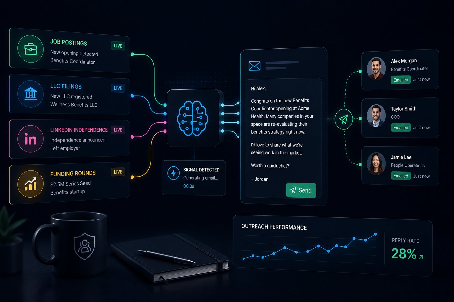 Automated lead generation system for independent health insurance brokers — job postings, LLC filings, LinkedIn independence announcements, and funding rounds feed into an AI engine that writes and sends personalized outreach emails to health coverage prospects the same day each event is detected.