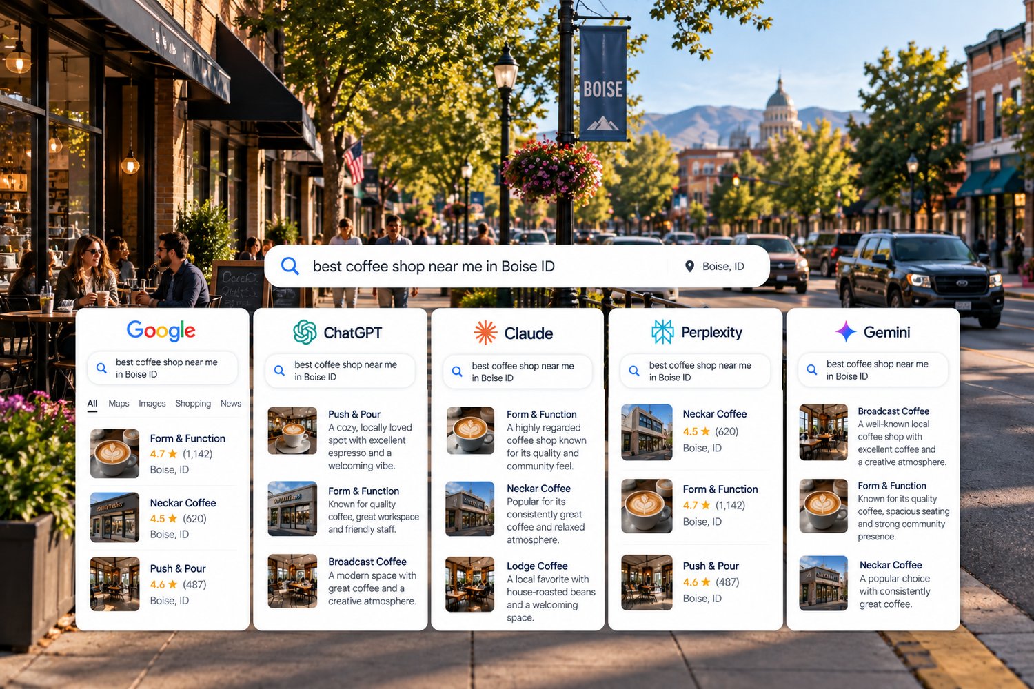 The local search best coffee shop near me in Boise ID compared across Google, ChatGPT, Claude, Perplexity and Gemini, showing each AI engine naming a different coffee shop first for the same question