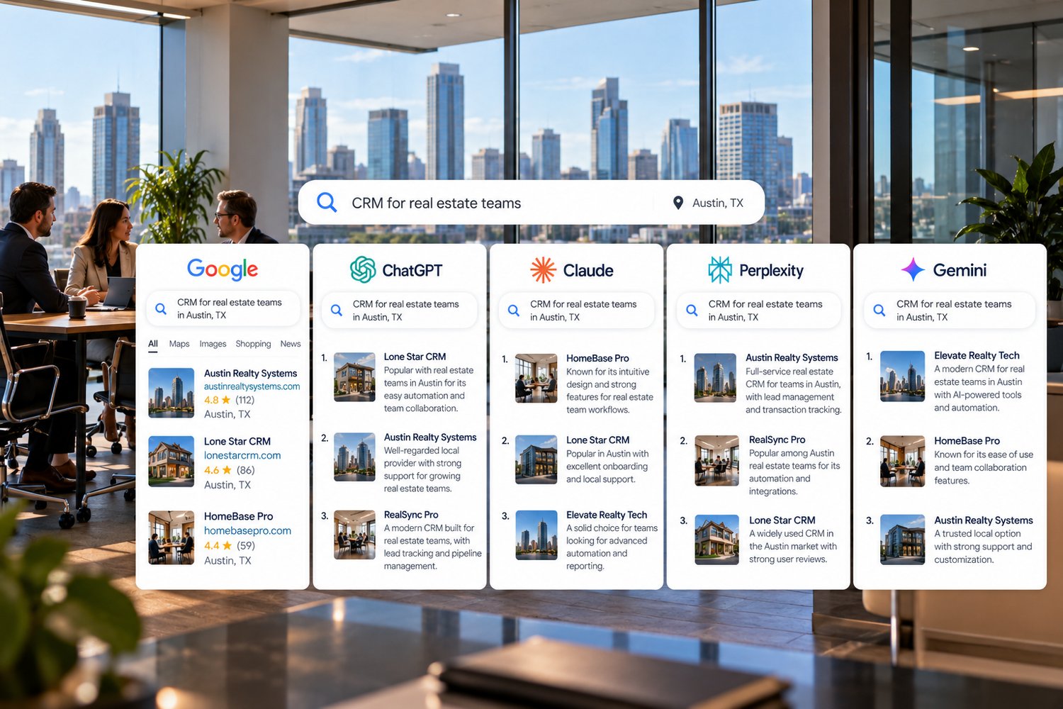 The product search CRM for real estate teams in Austin TX compared across Google, ChatGPT, Claude, Perplexity and Gemini, with five different CRM providers ranked first by different AI engines