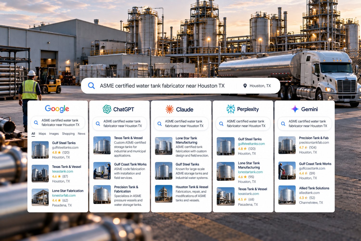 The B2B search ASME certified water tank fabricator near Houston TX run side by side in Google, ChatGPT, Claude, Perplexity and Gemini, with each AI engine naming a different set of tank fabrication companies for the same query