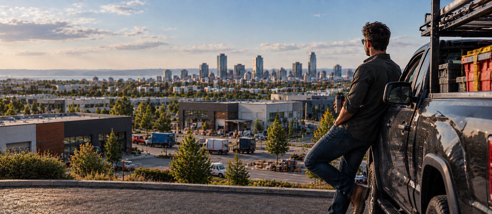 A local business owner leaning on a work truck above a district of warehouses, shops and offices, representing the many businesses competing to be found and recommended by AI search