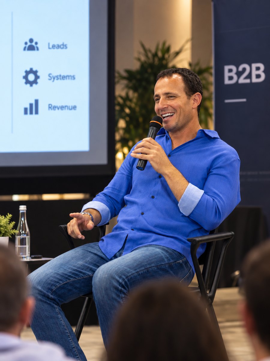 Josh Leavitt, founder and CEO of Omni Online Strategies, speaking on stage at a B2B event beside a slide reading Leads, Systems, Revenue