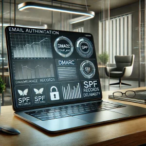 A modern workspace featuring a laptop displaying an email authentication dashboard with metrics such as DMARC compliance, SPF records, and deliverability analytics. The desk is minimalist with a professional and tech-focused atmosphere, highlighting data-driven strategies.