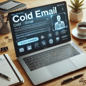 A modern email interface displayed on a sleek laptop, featuring a professionally crafted cold email template aimed at a recruiter. The scene includes office essentials like a notebook, pen, and coffee cup, symbolizing a creative and professional workspace.