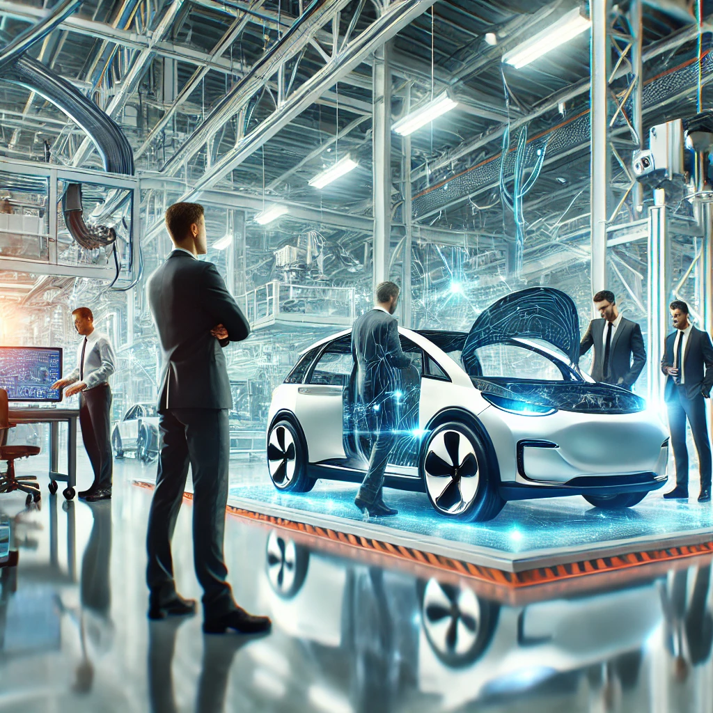 Automotive engineers collaborating in a modern manufacturing plant, highlighting the opportunities in B2B partnerships during industry shifts.