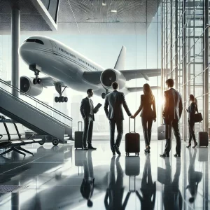 A corporate team boarding a plane, symbolizing the growth in business travel opportunities in 2024 and beyond.