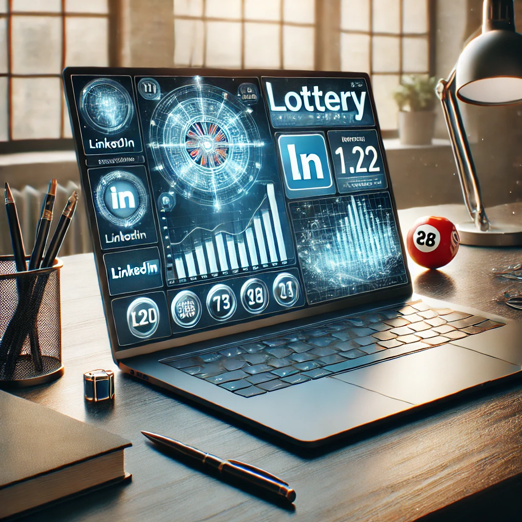 A professional workspace featuring a detailed lottery analytics dashboard on a laptop, juxtaposed with business tools like LinkedIn and email marketing software.