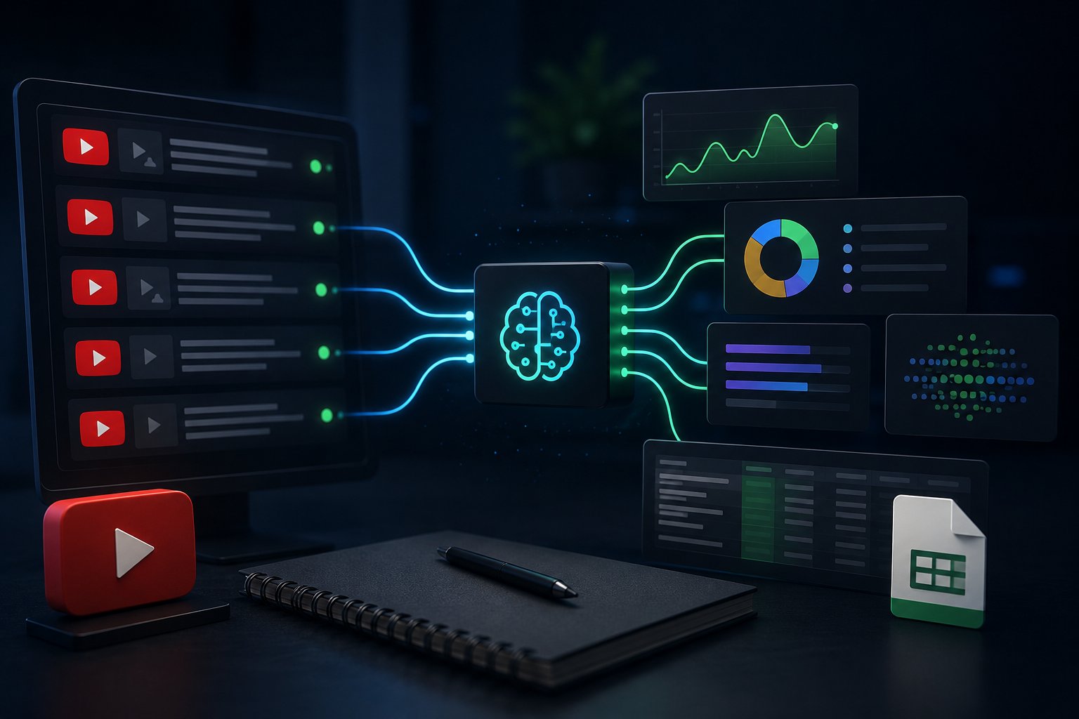 YouTube competitor video feed flowing through glowing circuits into a central AI analysis hub, which outputs analytics charts, structured data tables, and a Google Sheets export — visualizing an automated YouTube competitor intelligence monitoring system.